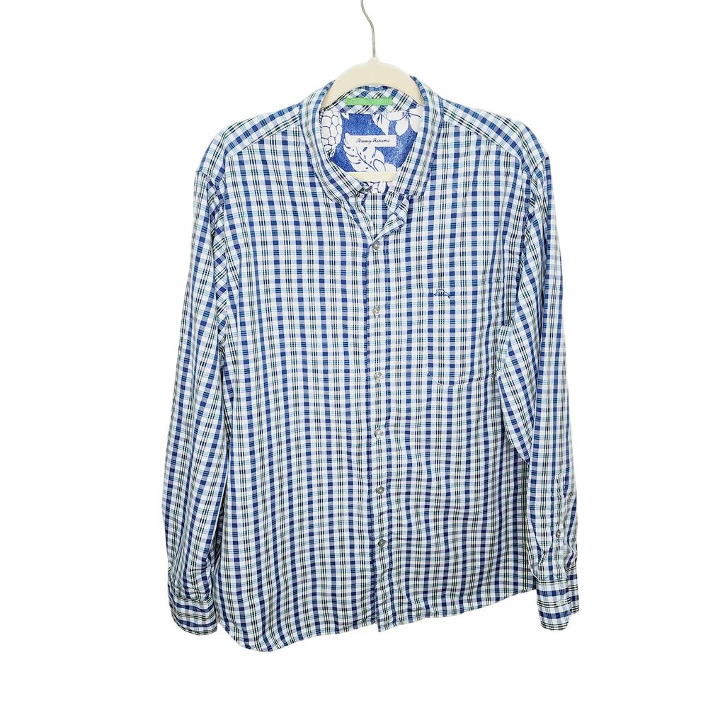 Tommy Bahama Men's XL Nylon Button Down Shirt Blue Check Lightweight  Casual